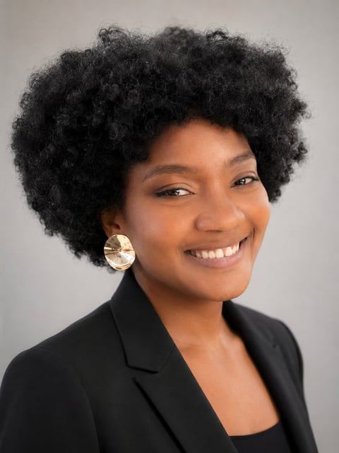 Professional headshot of a smiling woman with short curly dark hair wearing a black blazer and gold hoop earrings against a neutral background