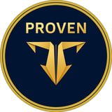 Circular emblem with PROVEN text and stylized gold arrow-like logo on dark blue background with gold border