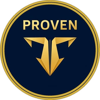 Circular emblem with PROVEN text and stylized gold arrow-like logo on dark blue background with gold border