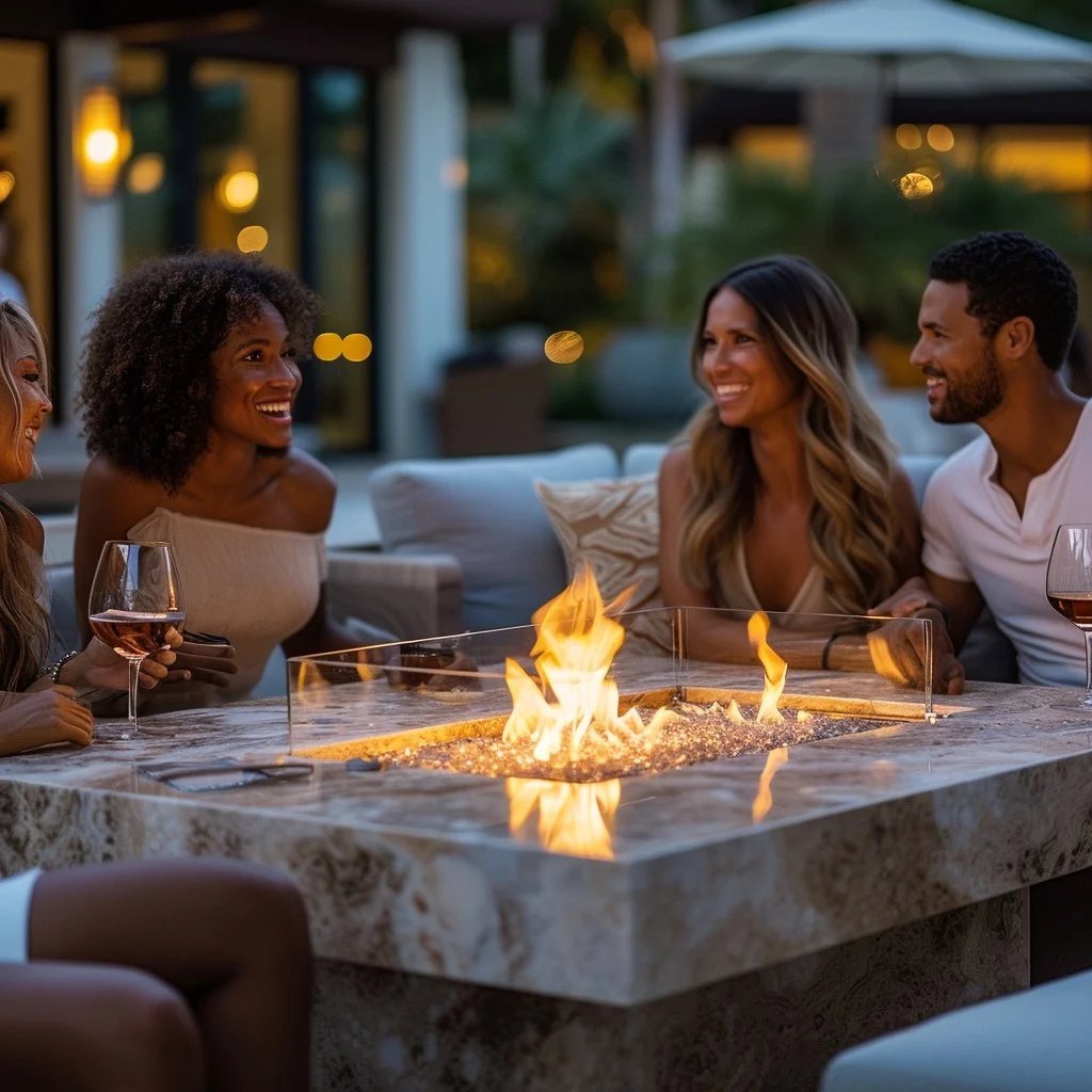 Group of friends laughing around an outdoor fire pit table at dusk with drinks and warm lighting.